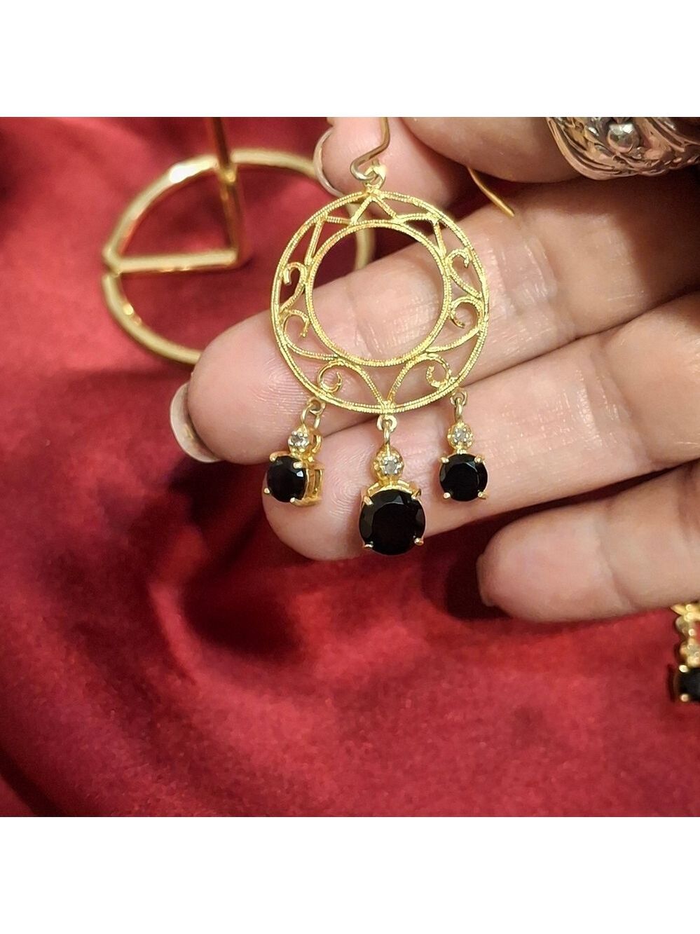 Gold Over Sterling Silver 925 and Black Amethyst and Diamond Dangle Earrings - Picture 9 of 9
